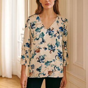 White House Black Market Off White Blue Floral Top Large
